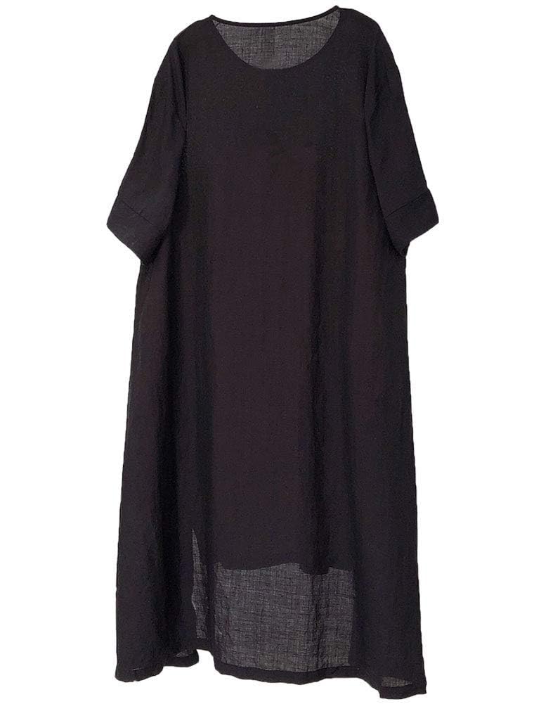 Minibee Women's Embroidered Linen Dress Summer A-Line Sundress Hi Low Tunic Clothing Black L - Image 4